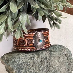 Handmade Sterling Silver Concho Leather Cuff – 7.5”